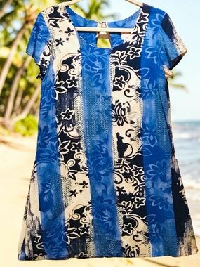 Jams World Hawaiian Blue Floral Patchwork Print Shift Dress Short Sleeve Size-M